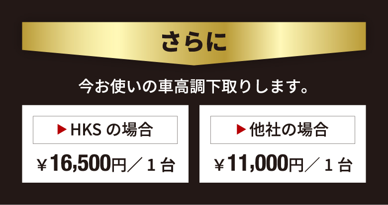 さらに 今お使いの車高調下取りします。HKSの場合¥16,500/1台 他社の場合¥11,000/1台